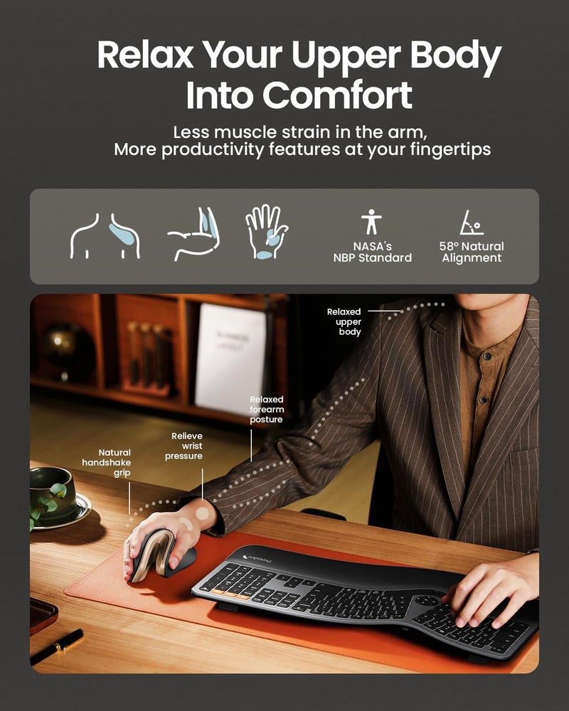 ProtoArc Ergonomic Mouse, EM11 NL Bluetooth Rechargeable Wireless Vertical Mouse, 3 Multi-Device Connectivity for Computer/PC/Laptop, 2.4GHz Optical Mice for Windows, Mac OS, Black Gold - Image 4